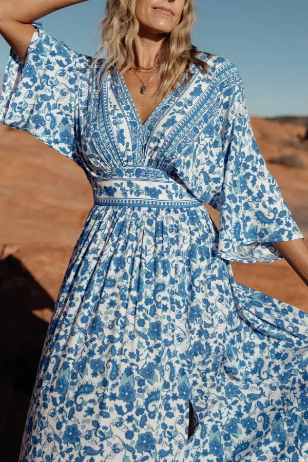 Blue Floral Slit High-Waisted  Dress