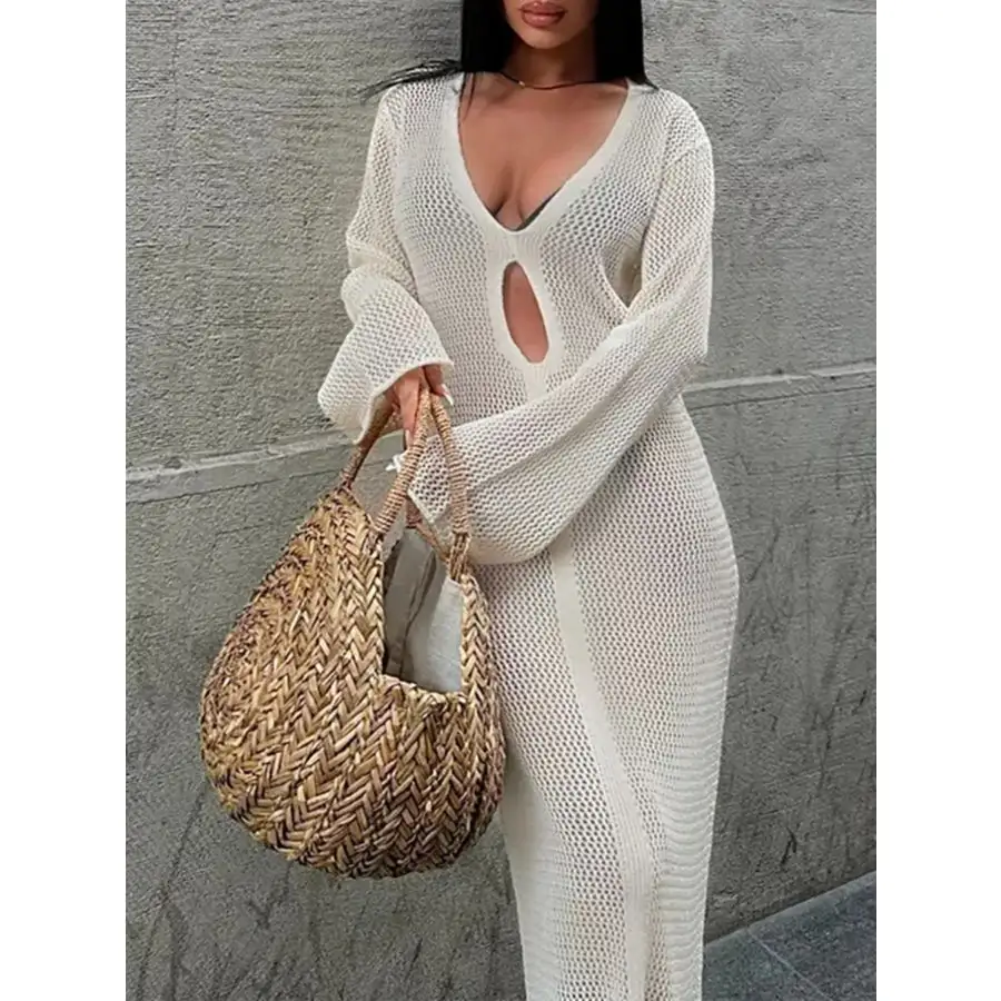 Cutout Long Sleeve Knit Cover Up Maxi Dress