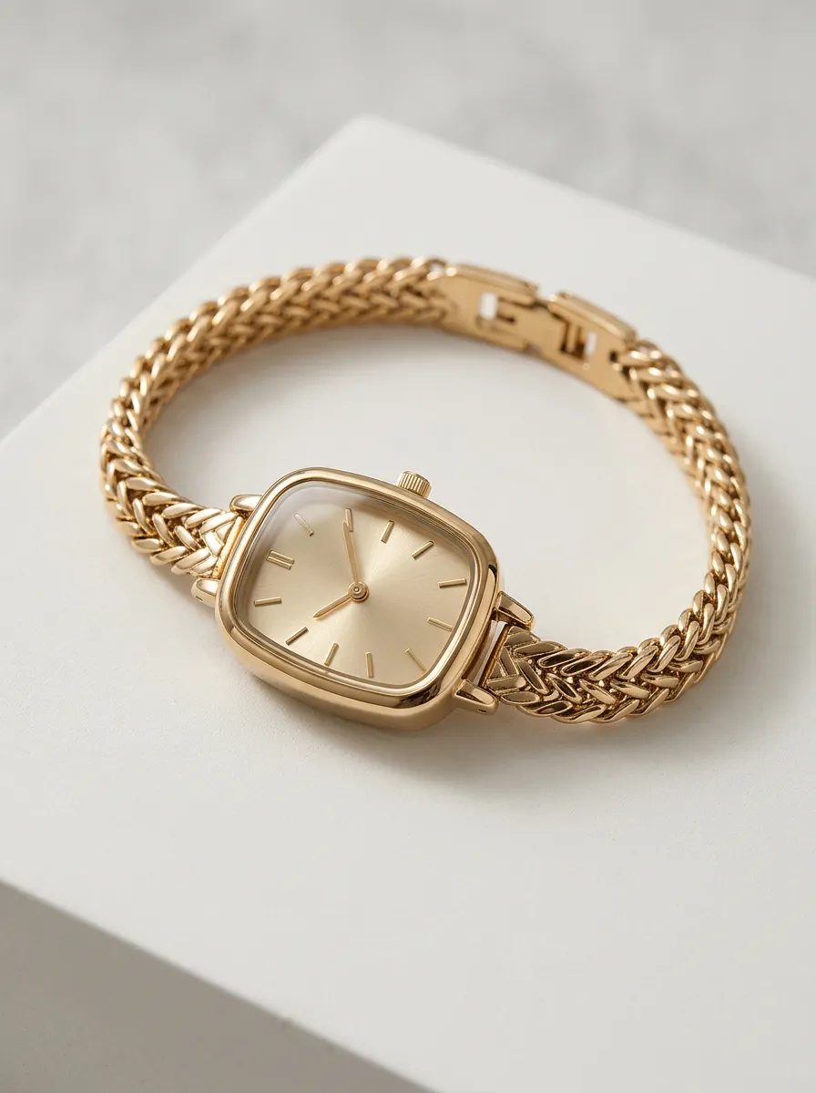 Gold-tone Braided Strap Square Watch