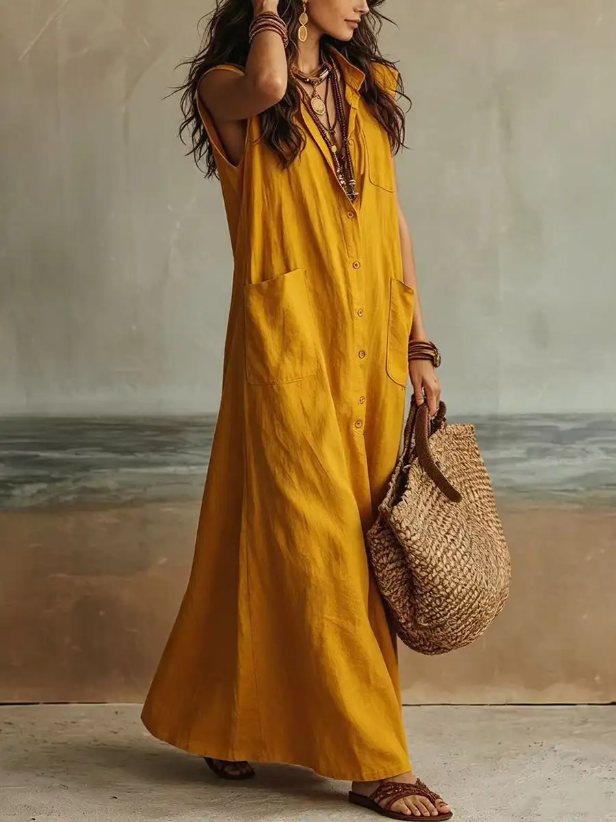 Loose Buttoned Sleeveless Maxi Dress