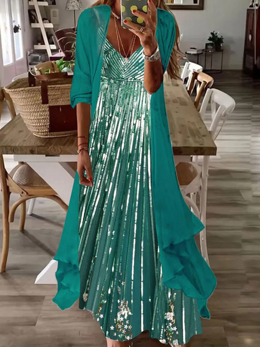 V-neck Printed Loose Long-sleeved Suit Maxi Dress