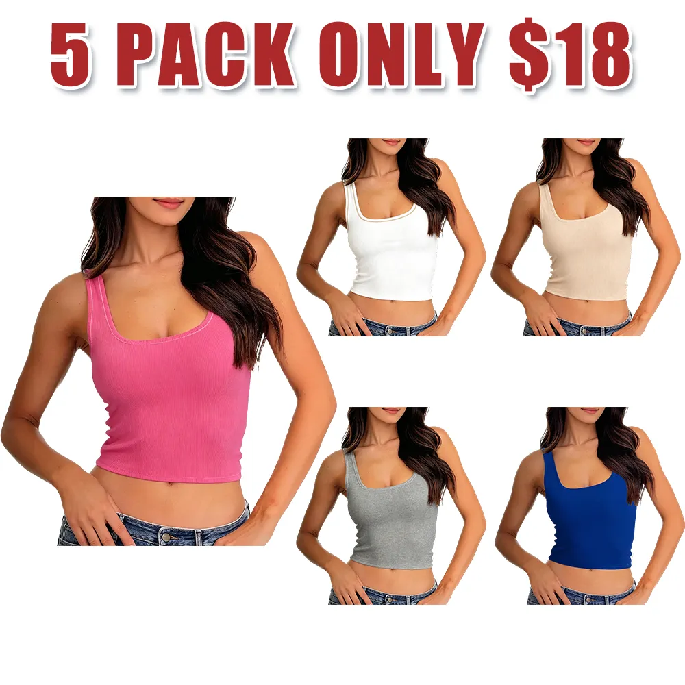 Women Rib Tank Top Padded Workout Top Square Neck Crop Tank
