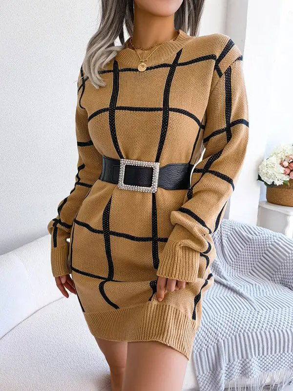 Elasticated Waist Long Sleeve Belted Contrast Color Plaid Round Neck Mini