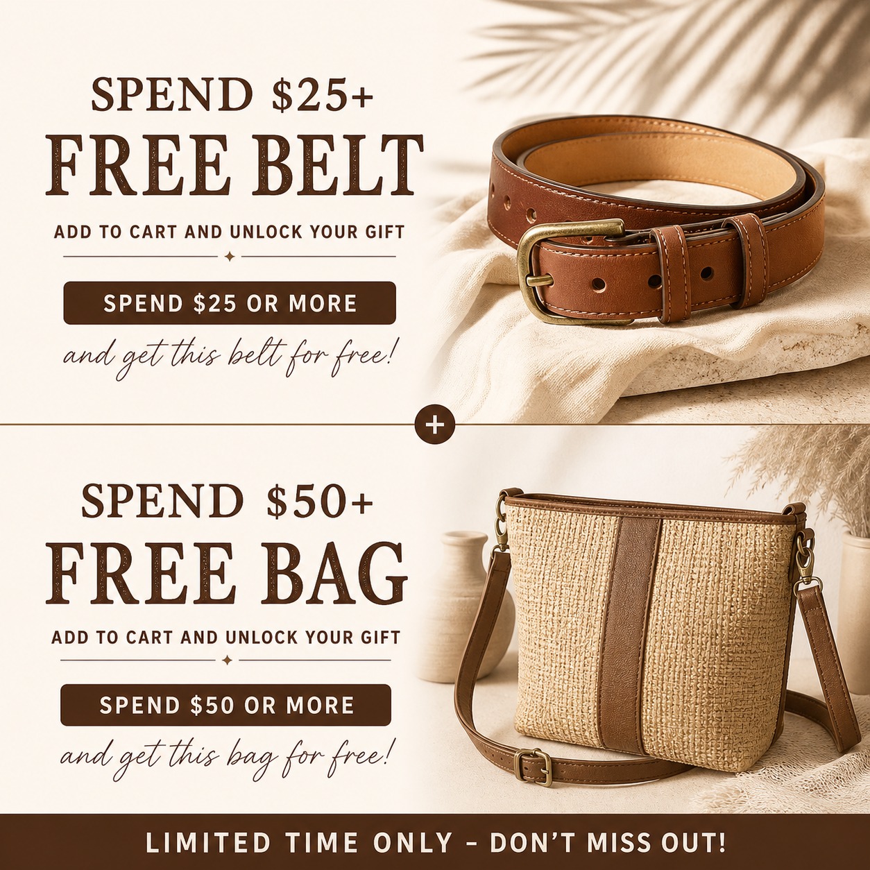Free belt and bag gift offer for bootcut pants