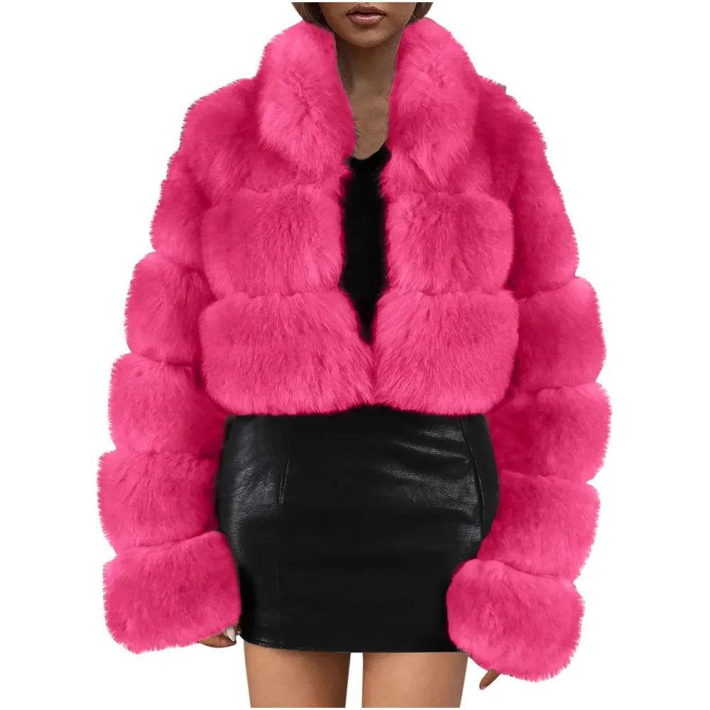 X1-Hot Pink Faux Fur Coat Women with Hood Cropped Bubble Coats Fleece Short Warm Jackets Plus Size Winter Coats for Women