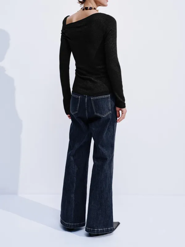 Lady's Shiny Asymmetrical Collar Fitted Long-Sleeved T-Shirt