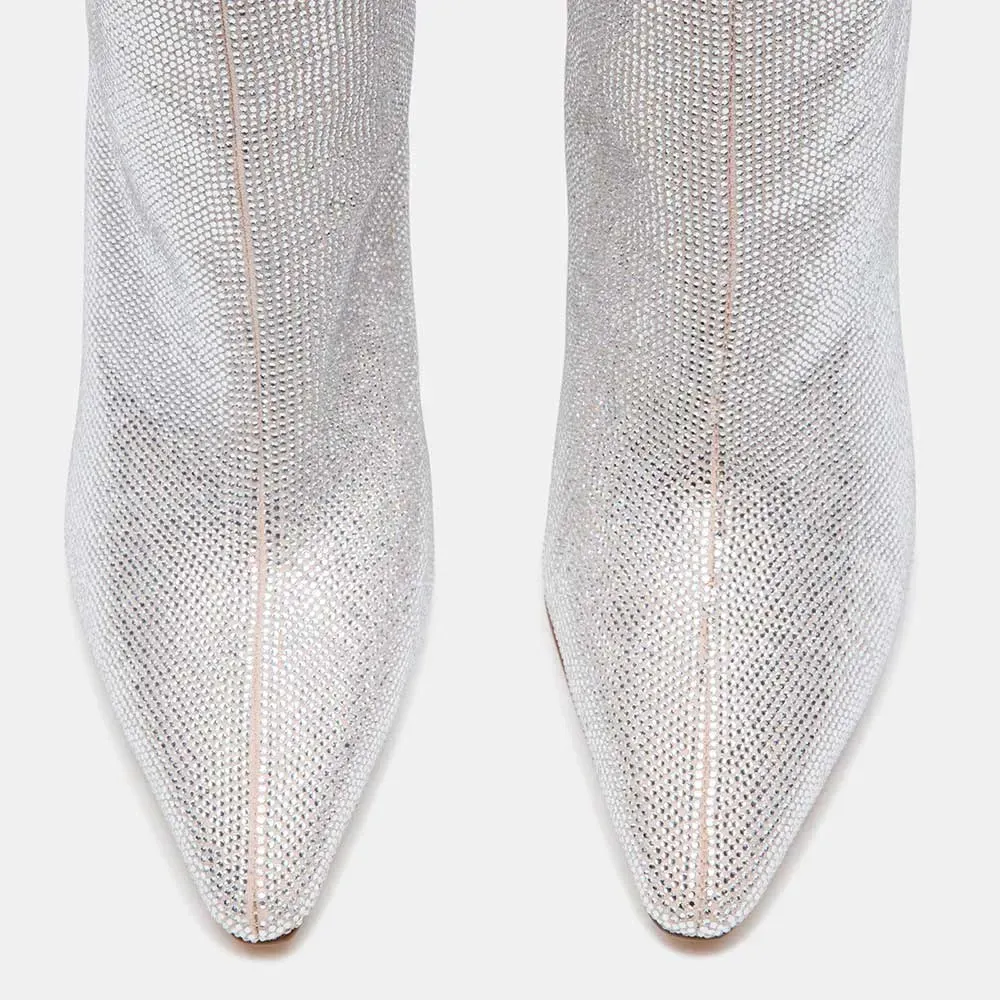 Faux-Leather Rhinestone Pointed-Toe Platform Knee-High Boots
