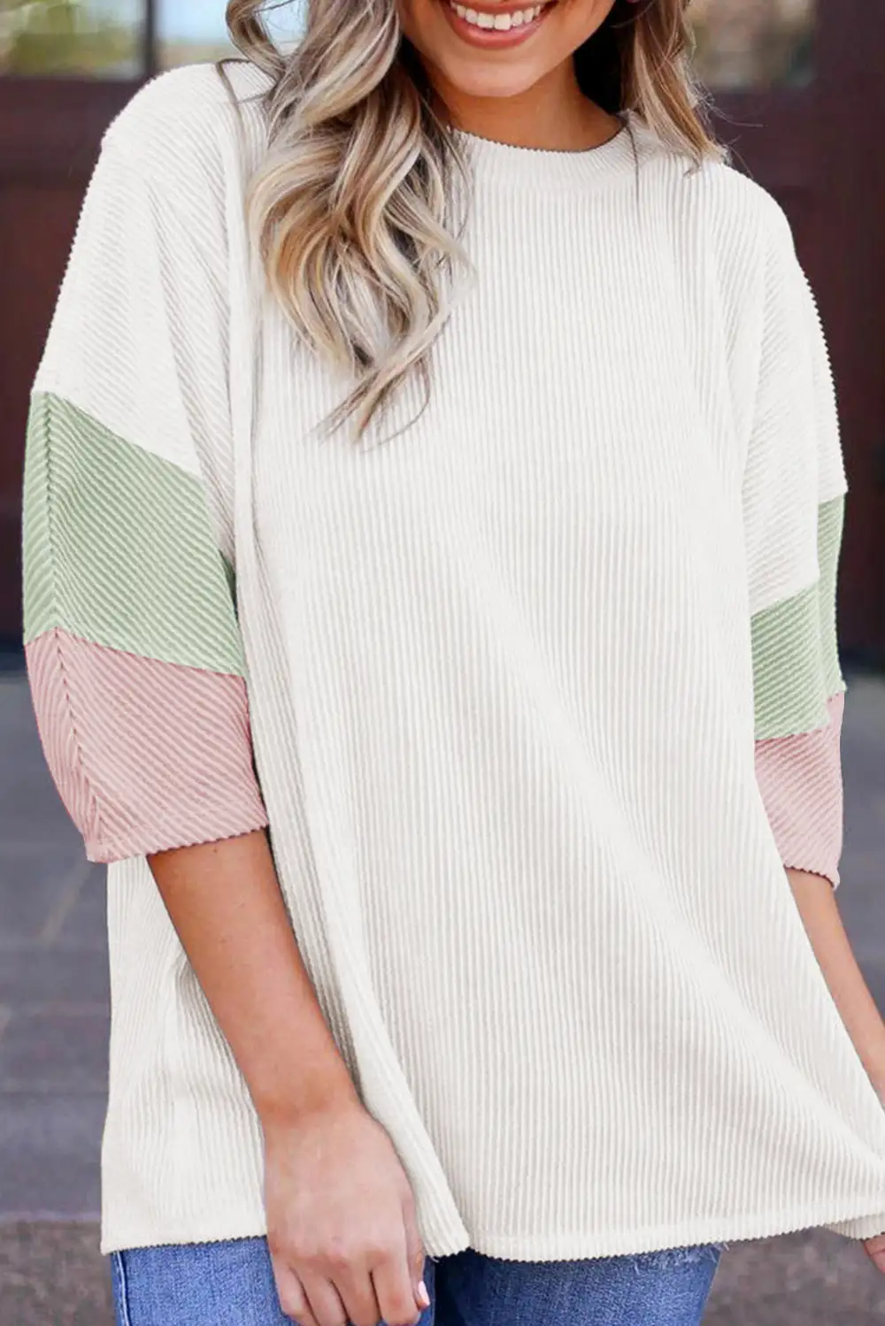 White Color Block Ribbed Knit