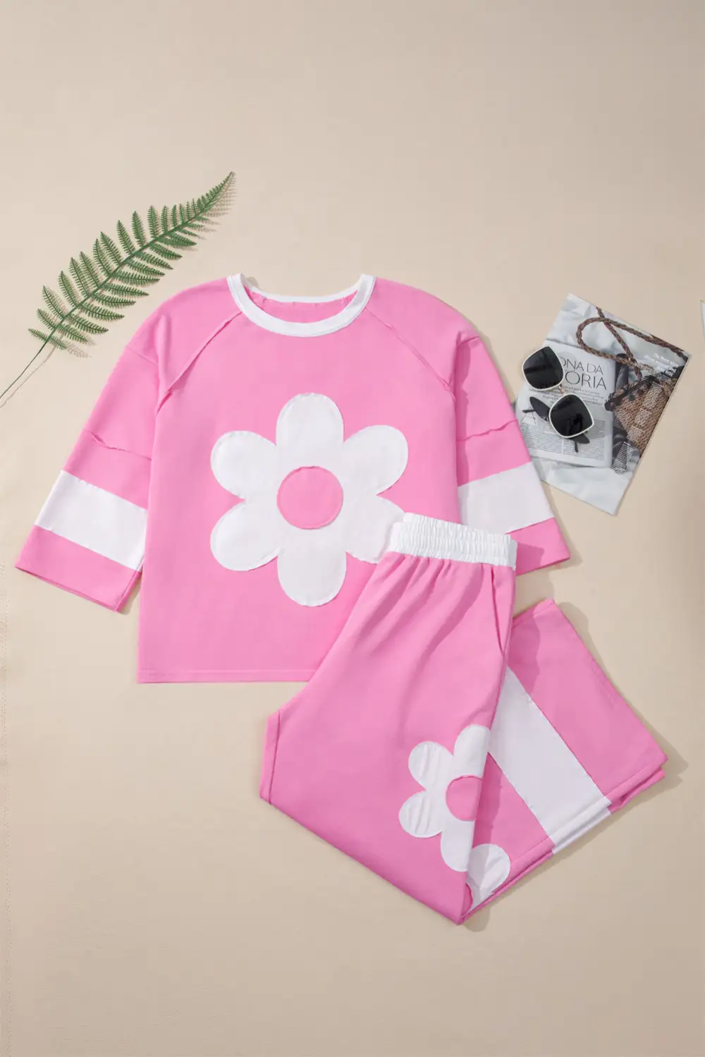 Big Flower Patch Pocket Raw Seam Set Loose Pant Set