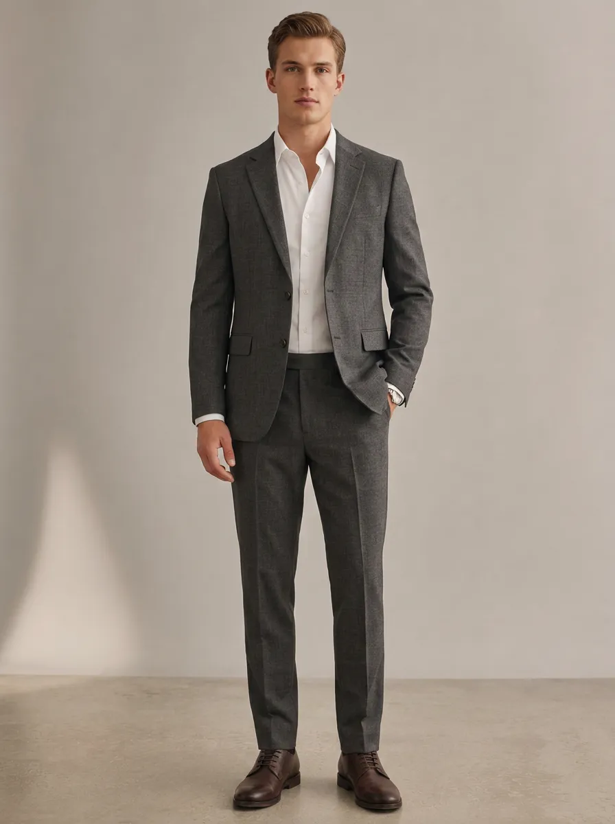Men's Notched Lapel Business Formal Charcoal Grey Solid Tailored Suit
