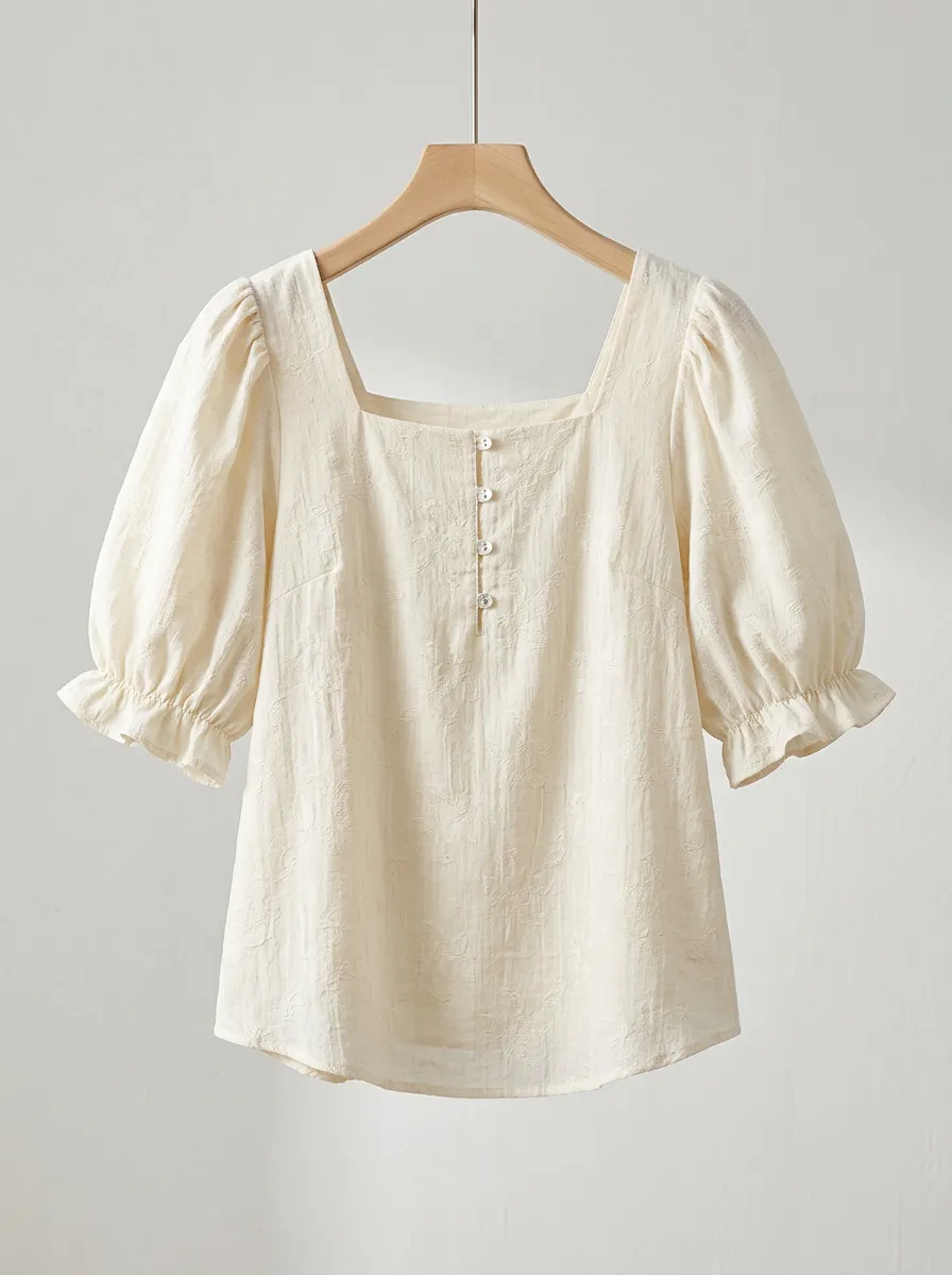 Square-Neck Button-Front Women's Puff-Sleeve Blouse