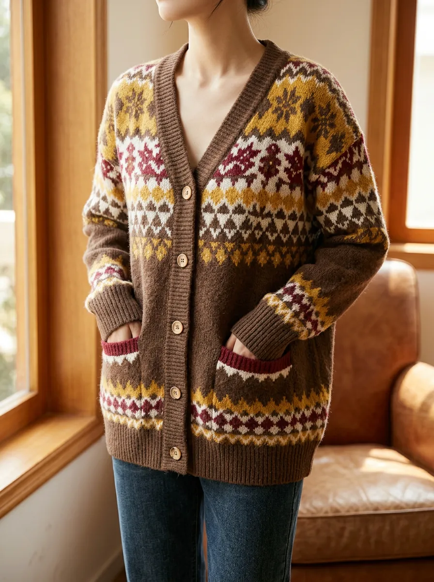 Women's Vintage Nordic Pattern Brown Printed Cardigan