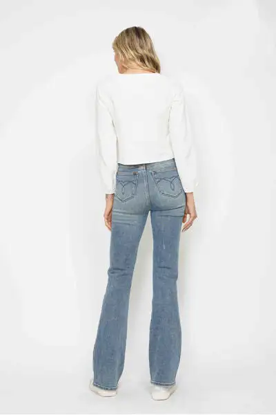 Tummy Control Back Embroidered Pocket Bootcut Denim Jeans