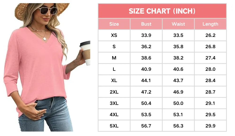 3/4 Length Sleeve Women's Tops V Neck Casual Tunic Tops Basic Shirts