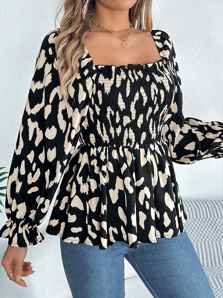 Long Sleeve Puff Sleeve Leopard Pleat Detail Ruffle Square Neck T-Shirt