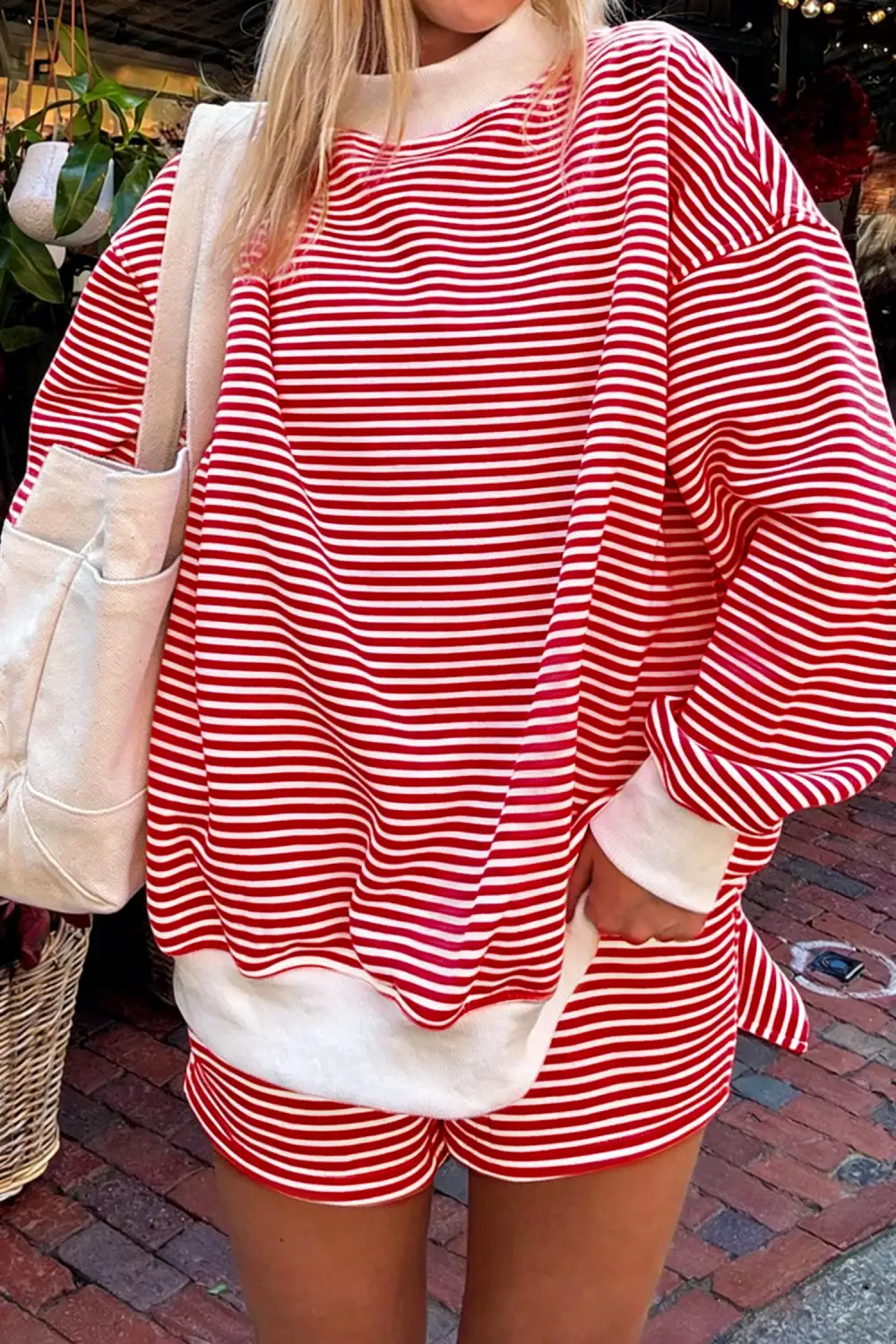 Striped Mock-Neck Two-Piece Sweatshirt and Shorts Set