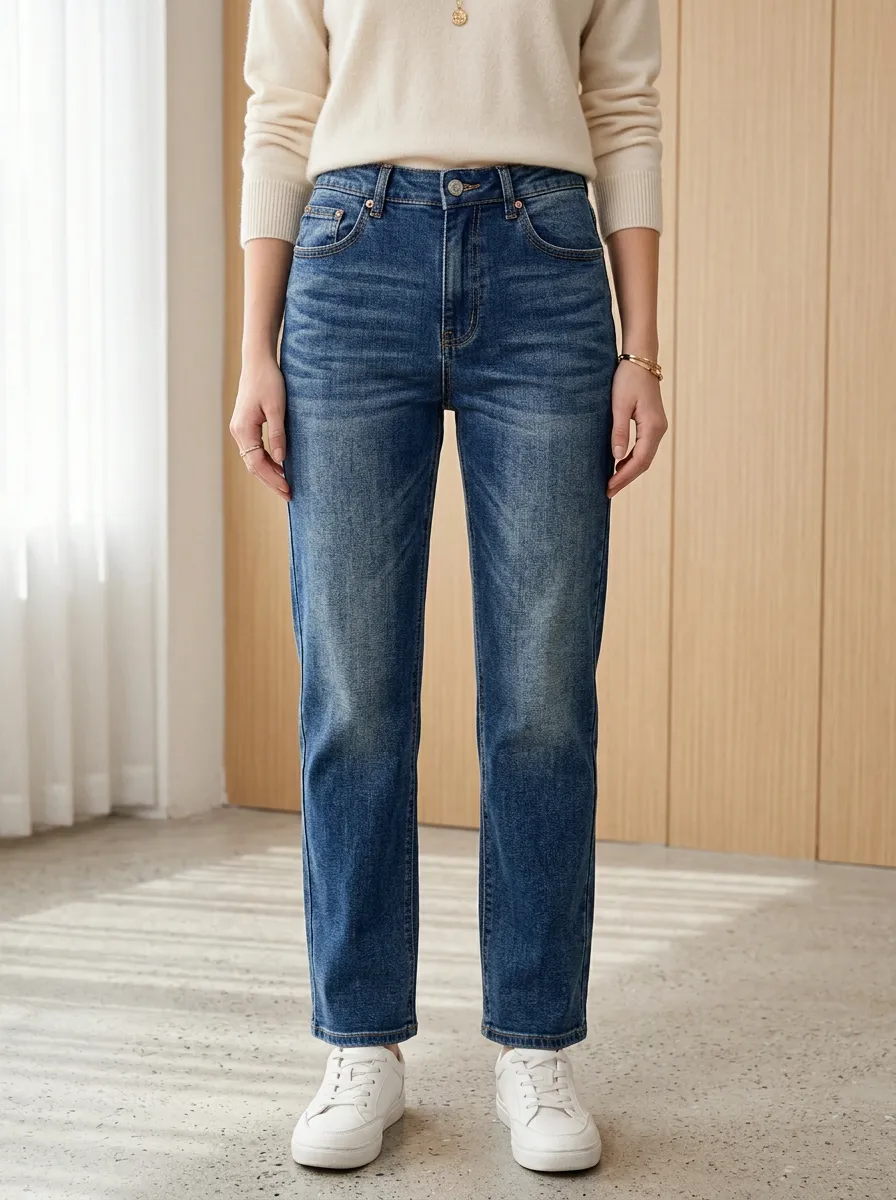 Women's High-Waisted Vintage Wash Straight Leg Denim Jeans