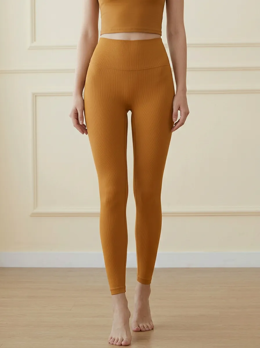 Women's Solid Ribbed High-Waisted Yoga Leggings