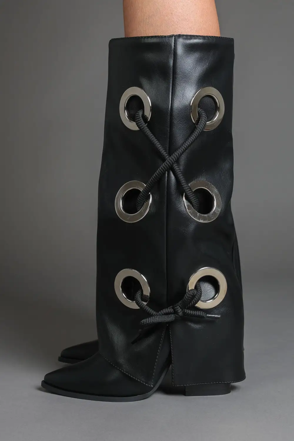 Modern Fold-Over Lace Detail Pointed Toe Faux Leather Knee High Boots