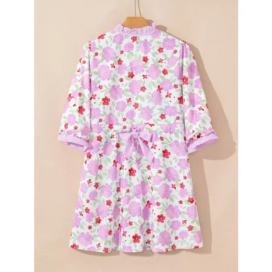 Print Trim Frilled Neck Sleeve Flared Mini Dress