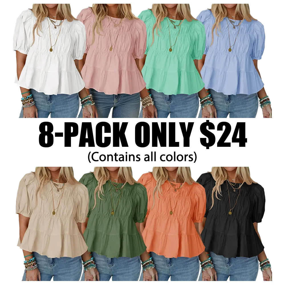 Womens Puff Sleeve Peplum Babydoll Tops