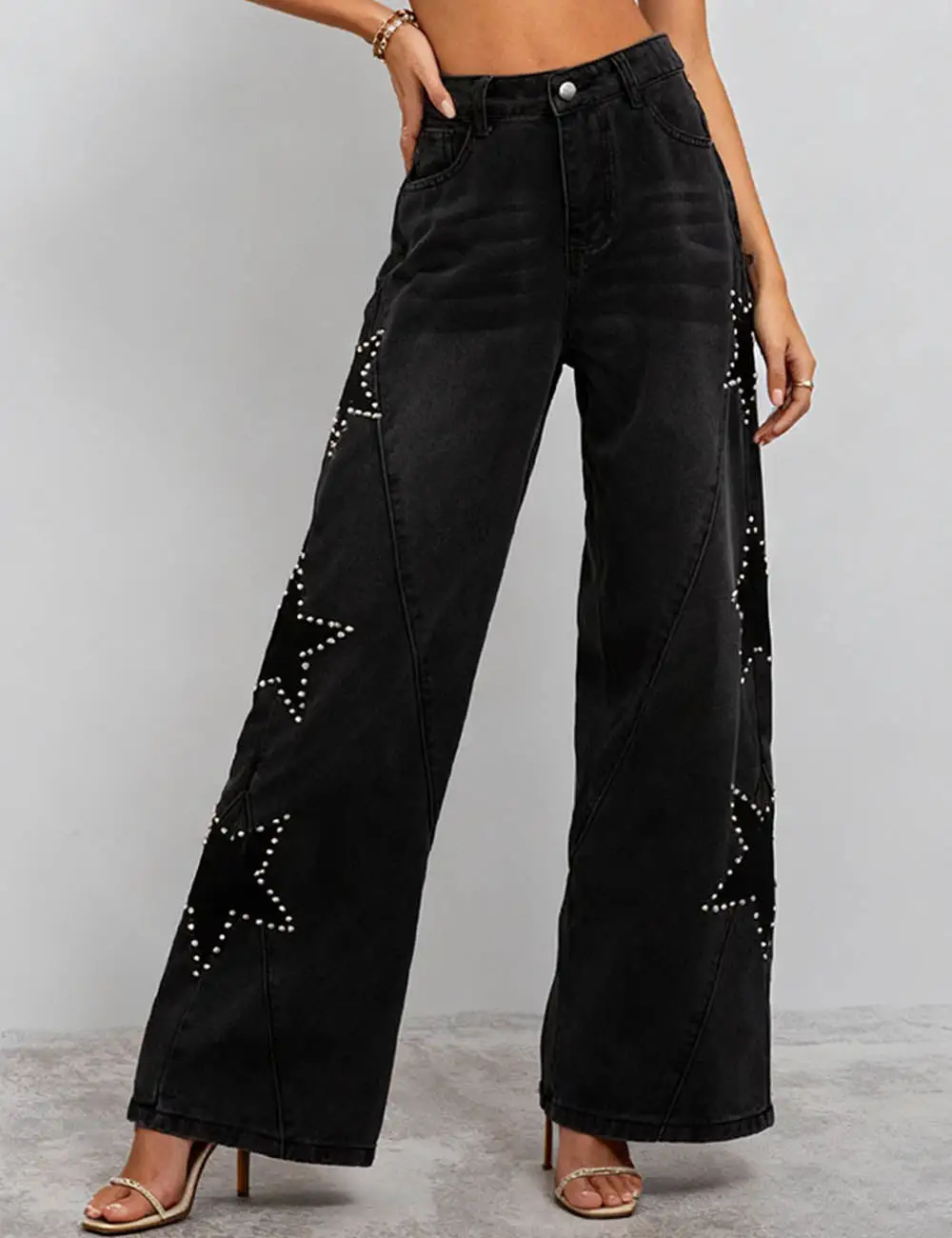 Faux Pearl Star Print Button-fly Wide Leg Denim Pants