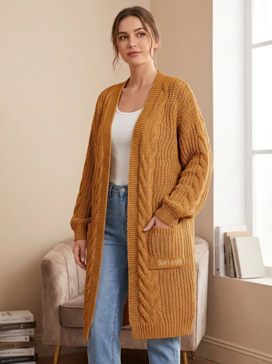 Women's Soft Days Cozy Cable Knit Open-Front Long Cardigan