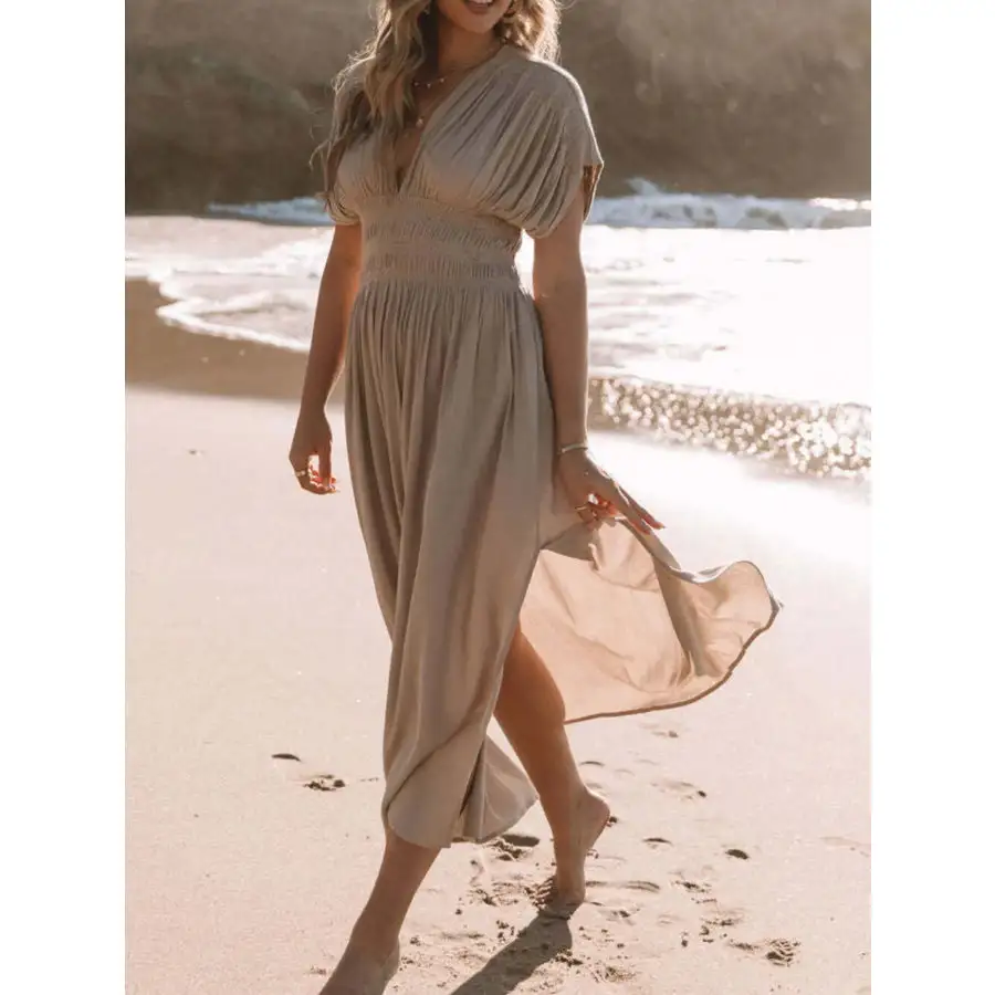 Full Size Deep V Neck Maxi Dress with Side Slit Plus Size