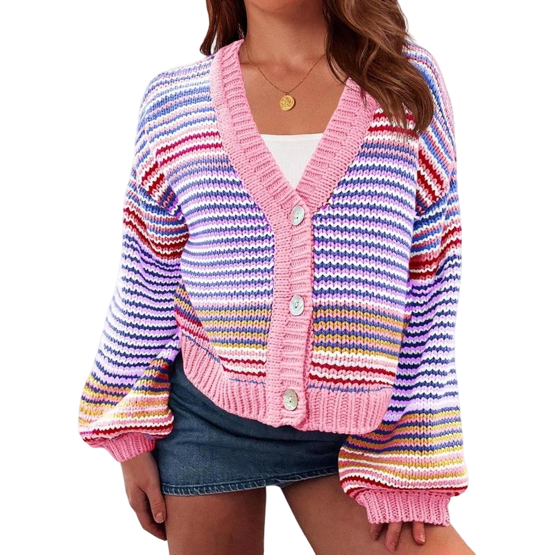 Womens Striped Cardigan Sweaters Oversized Puff Sleeve Button Up V Neck Color Block Knit Sweater Coat