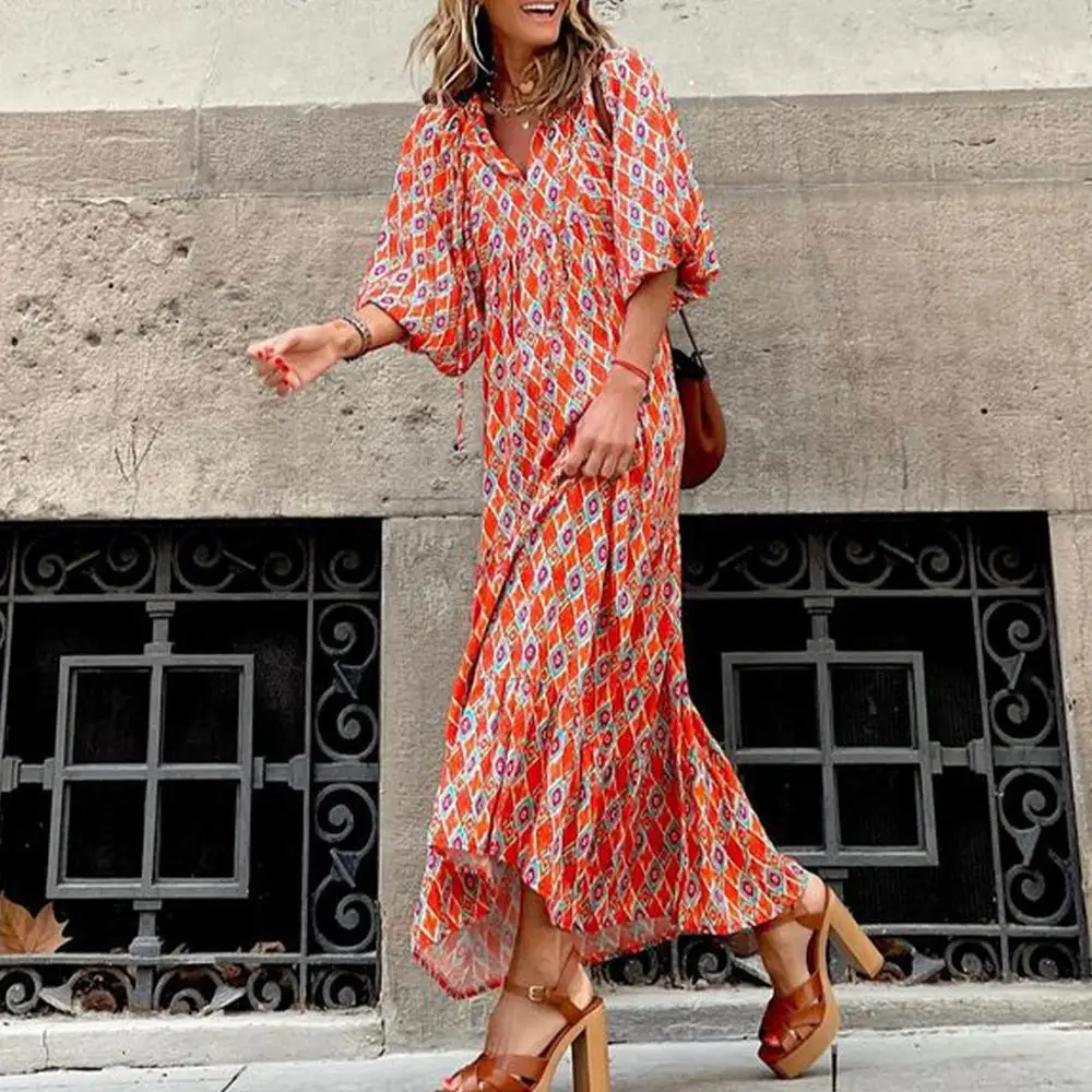 Elegant Short Sleeve Print Maxi Dress