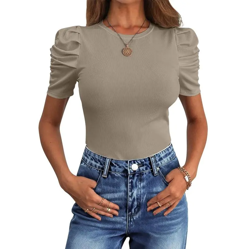 Women Puff Short Sleeve Crewneck Dressy Casual Tops