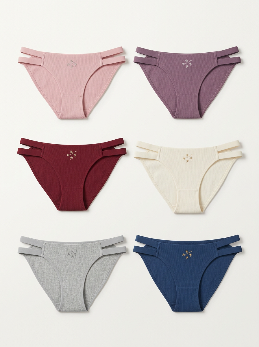Women's Six-Pair Star Embroidered Double-Strap Cutout Brief Set
