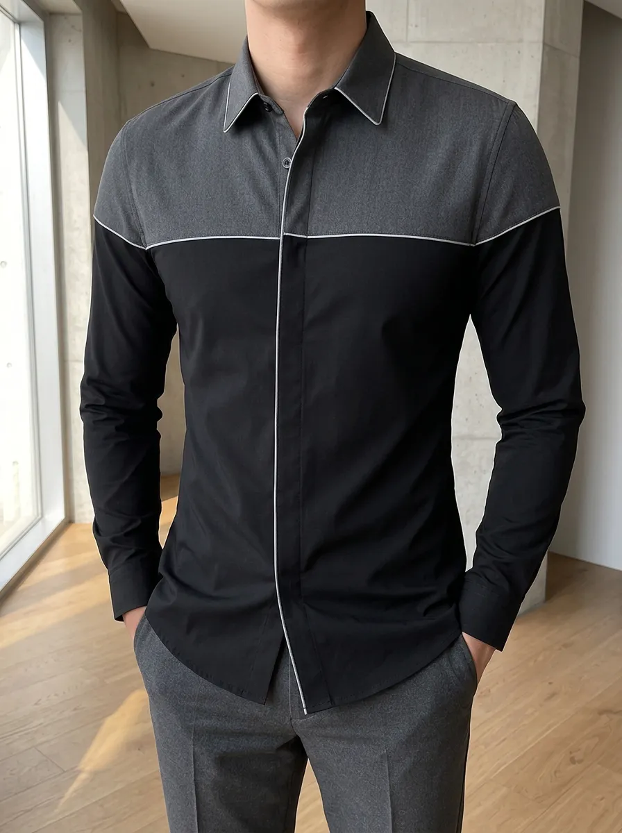Men's Slim Fit Colorblock Contrast Piping Long Sleeve Shirt