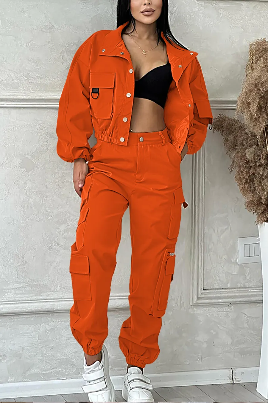 9PACK- Solid Color Pocket Jacket & Pants Two-piece Set