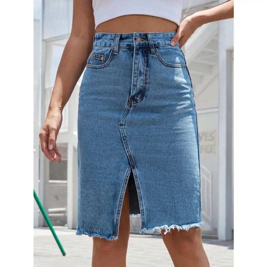 Raw Hem Slit Denim Skirt