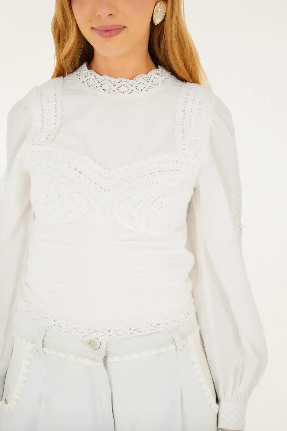 Classic Crochet Long-Sleeve Button-Front Blouse