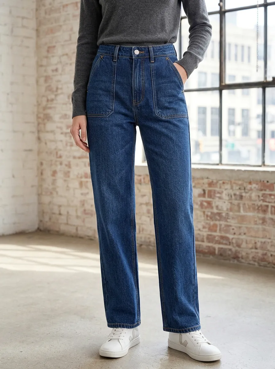 Women's High-Waisted Patch Pocket Straight Leg Denim Jeans