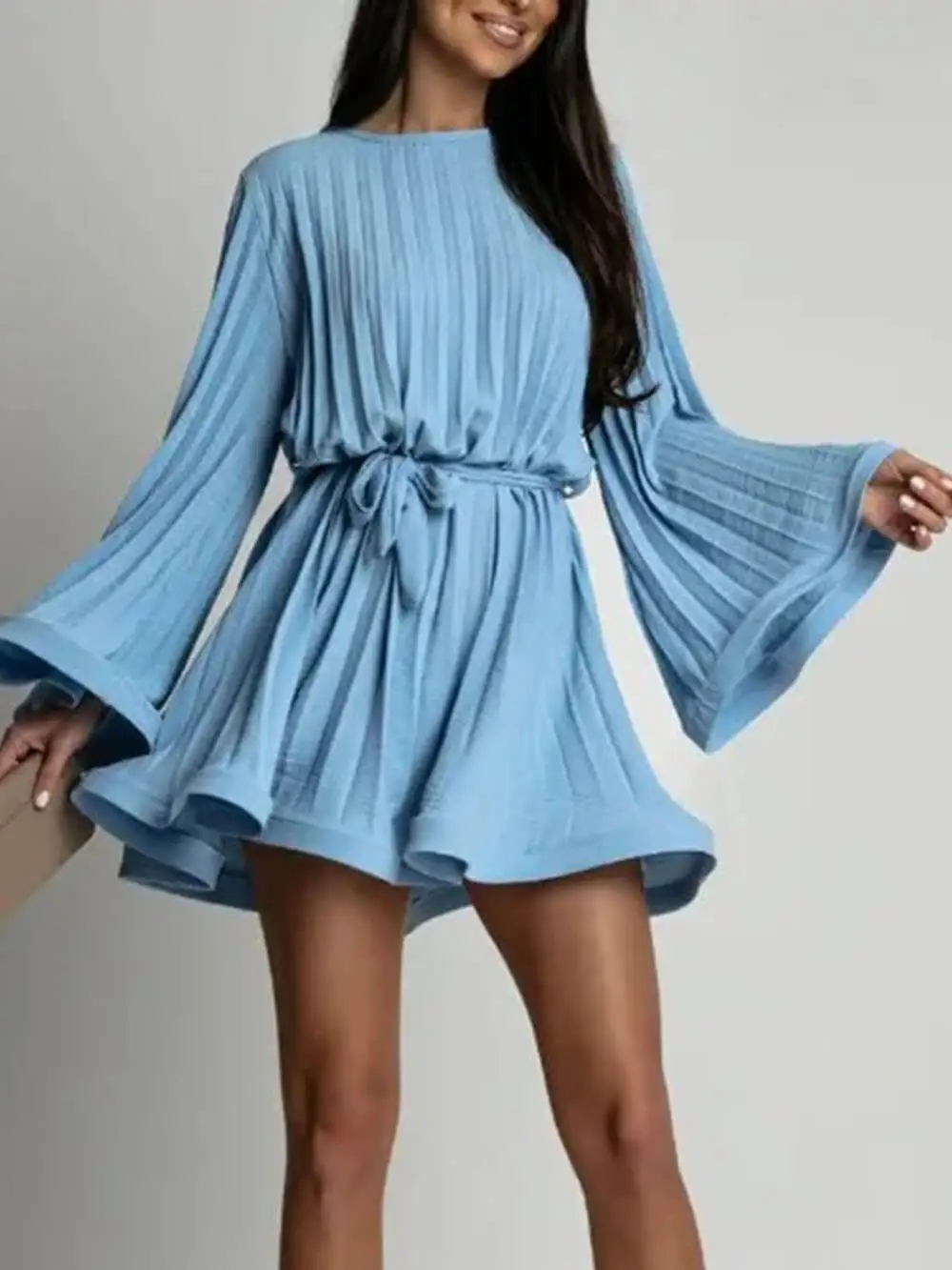 Round Neck Bell Sleeve Tie Mini Dress
