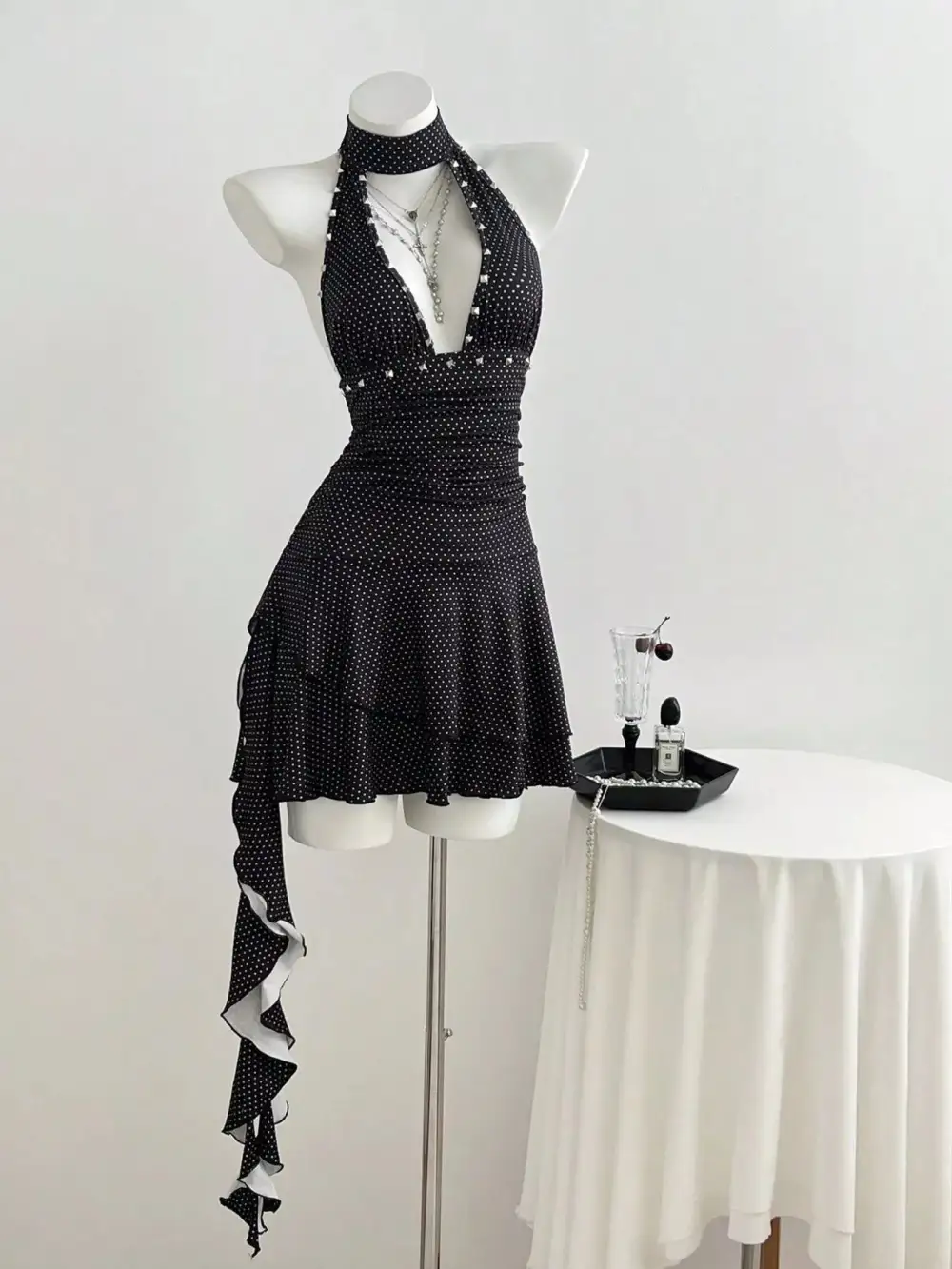 Polka Dot Cutout Front Halter Neck Dress