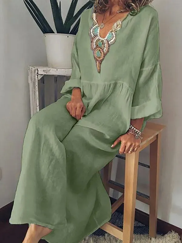 Casual V-Neck Printed Long-Sleeved Dress