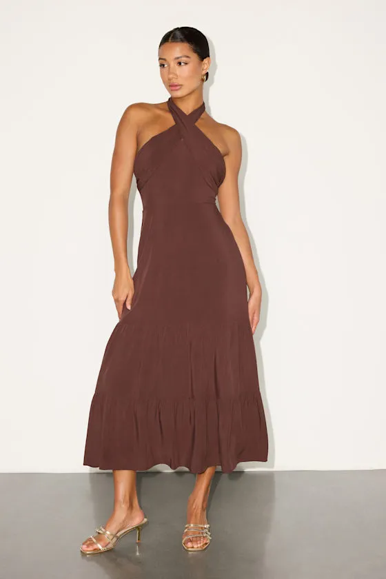 Always Eye-Catching Brown Tiered Halter Midi Dress