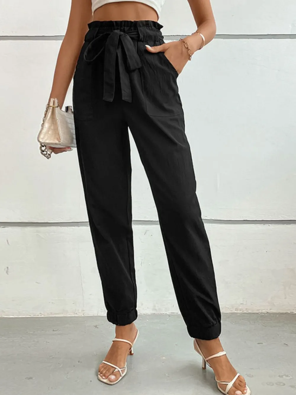 Textured Tie Detail High Waist Pants