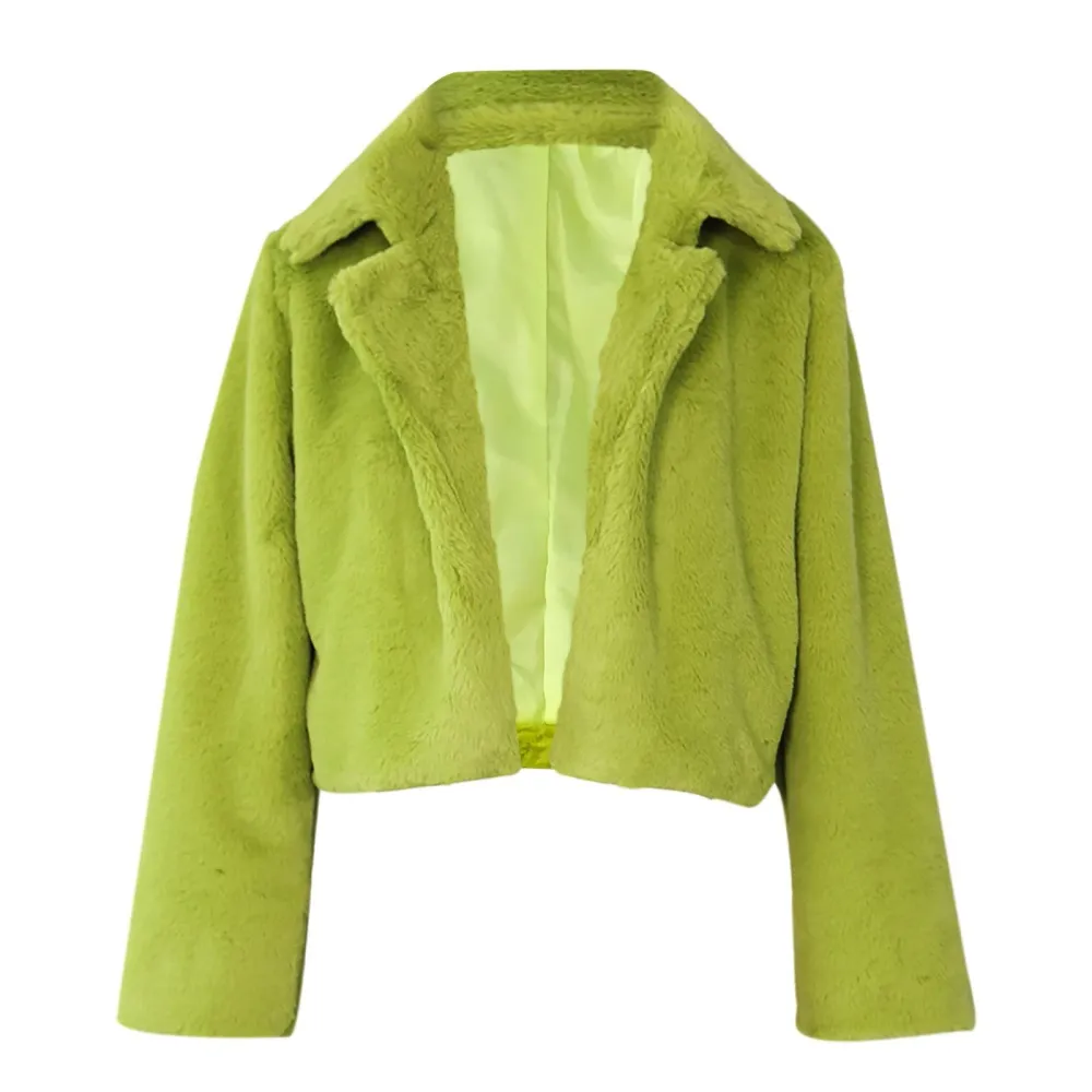 Z2-Green Faux Fur Coat Women with Hood Cropped Bubble Coats Fleece Short Warm Jackets Plus Size Winter Coats for Women