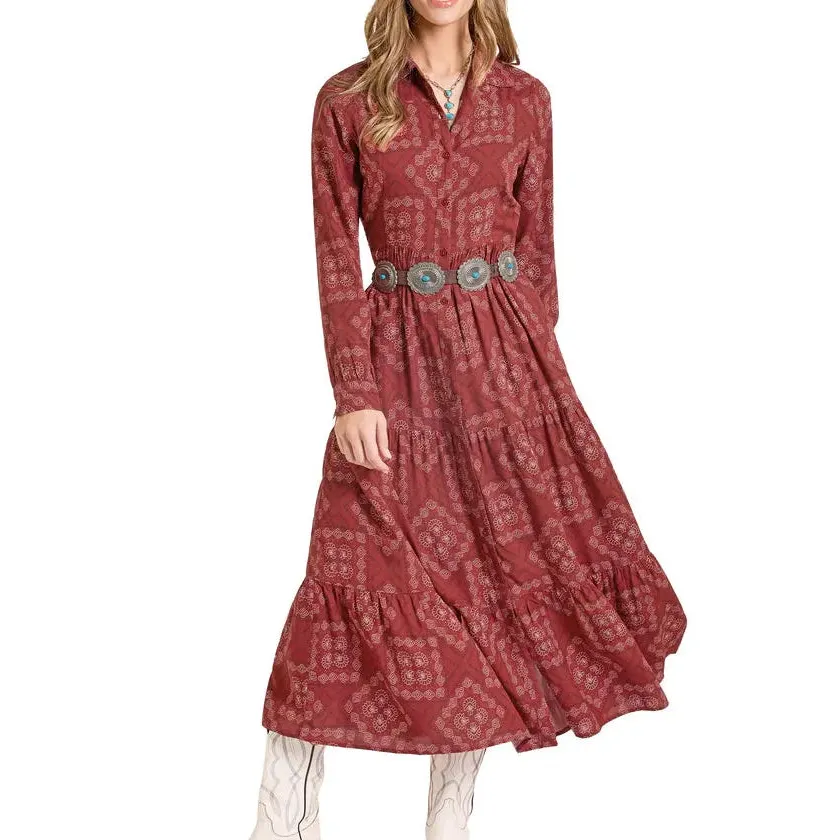 Rayon Bandana Print Long Sleeve Maxi Dress