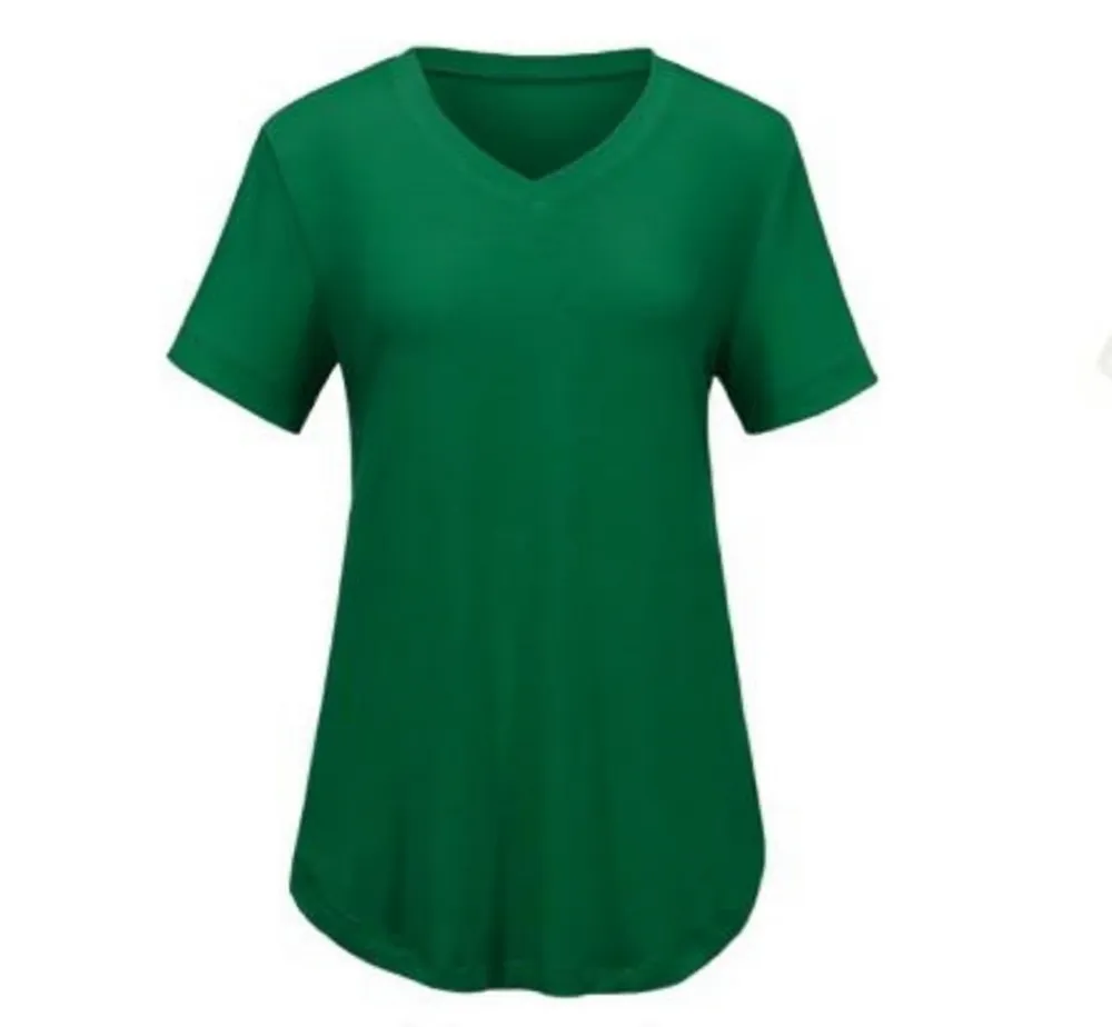 Women's Casual V-Neck Solid Color T-Shirt with Curved Hem