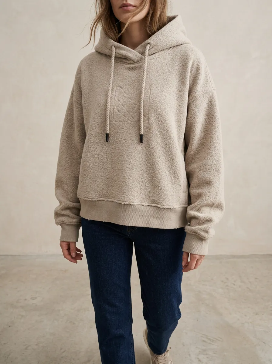 Women's Minimalist Geometric Logo Embroidered Beige Fleece Hoodie