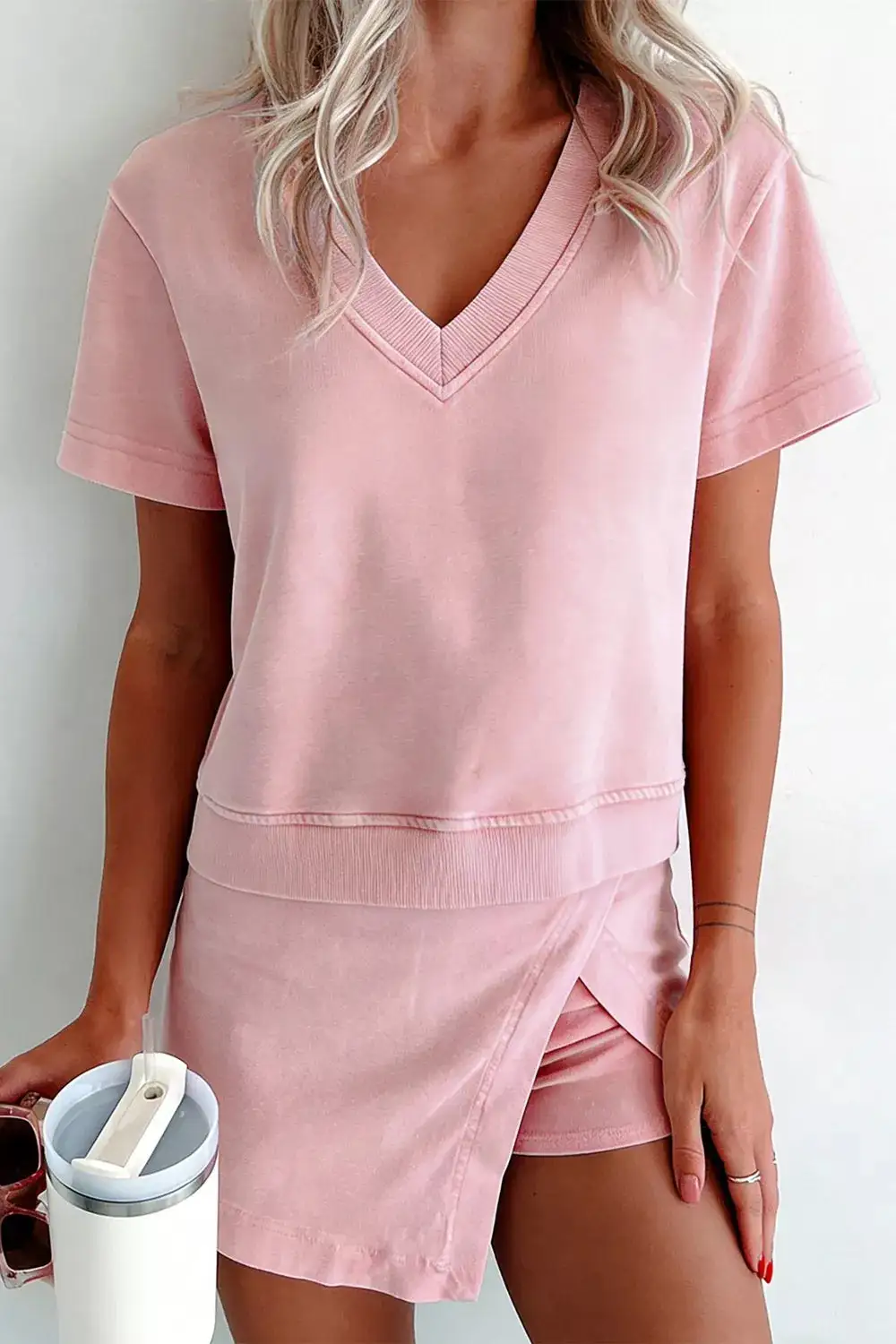 Casual V-NECK Top and Wrap Skort Set Skirt
