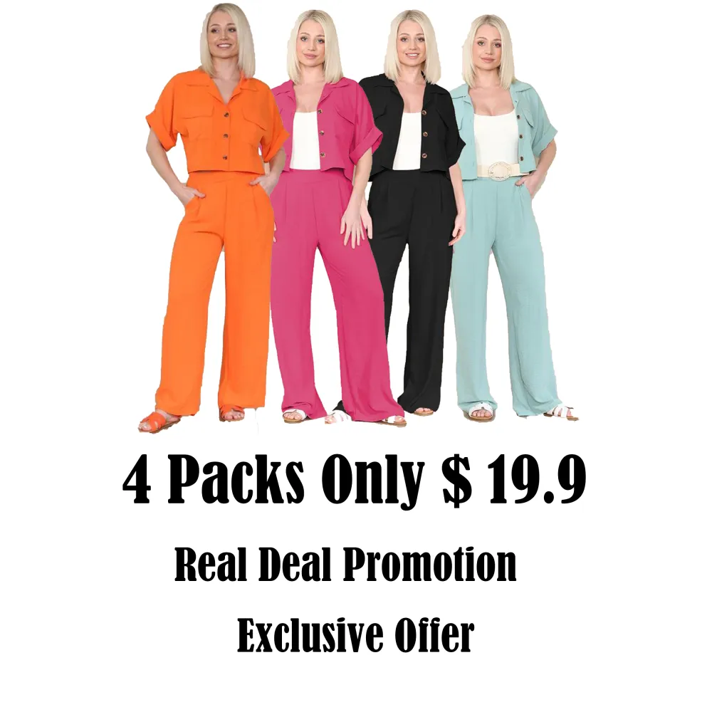 Women's Casual Button Front Flap Pocket Blouse & Wide Leg Trousers Co-ord, Crop Short Sleeve Shirt & High Waist Pants Two-Piece Set