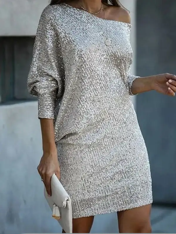 A Line Relaxed Asymmetric Sequined Solid Color One Shoulder Mini Dress