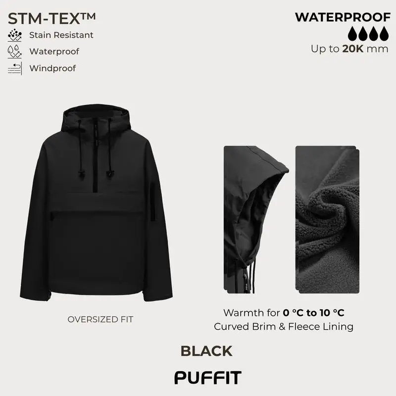 STM-TEX Waterproof Oversized Fall Hoodie Coat – Warm Half Zip Rain Jacket with Adjustable Waist, Hood & Cuffs